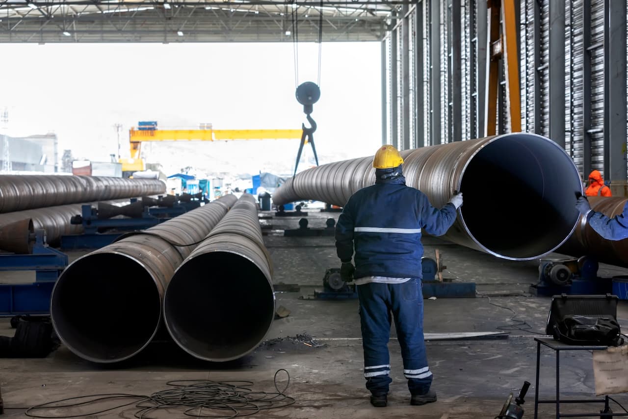 Hombre con casco amarillo observando tubos de acero en un taller industrial.